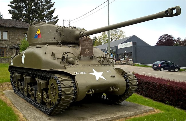 Surviving Battle of the Bulge 1944 M4A1 76mm Sherman Tank in the village of Vielsalm in Belgium