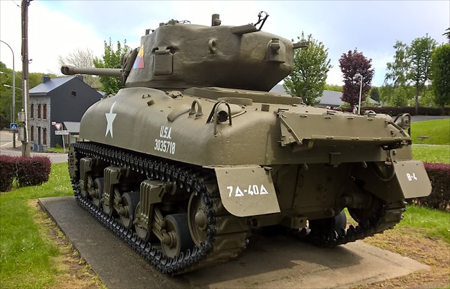 Surviving Battle of the Bulge 1944 M4A1 76mm Sherman Tank in the village of Vielsalm in Belgium