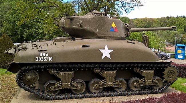 Surviving Battle of the Bulge 1944 M4A1 76mm Sherman Tank in the village of Vielsalm in Belgium