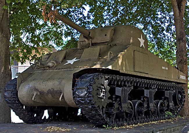 Surviving Battle of the Bulge 1944 M4 Sherman Tank in the grounds of Wiltz Castle in Luxembourg