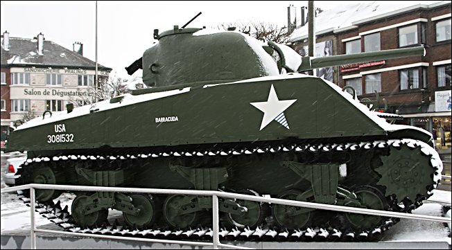 Surviving Battle of the Bulge 1944 M4A3 Sherman Tank in Bastogne Belgium