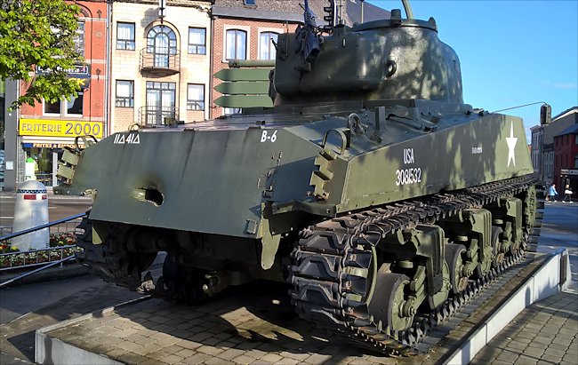 Surviving Battle of the Bulge 1944 M4A3 Sherman Tank in Bastogne Belgium