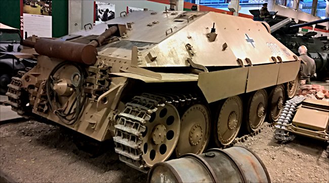 Side view of a preserved Jagdpanzer 38t Tank Destroyer