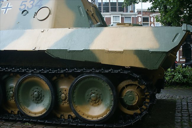 rear track view of the surviving Panzer V Panther Tank Ausf D in the Dutch city of Breda in Southern Holland