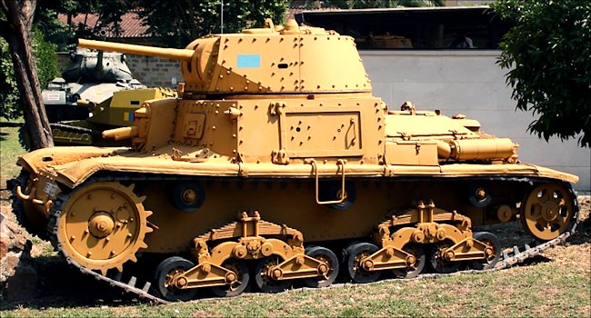 Side view of the surviving Fiat Ansaldo Carro Armato M14/41 Italian Medium Tank in the Museo Storico dei Carristi, Rome, Italy