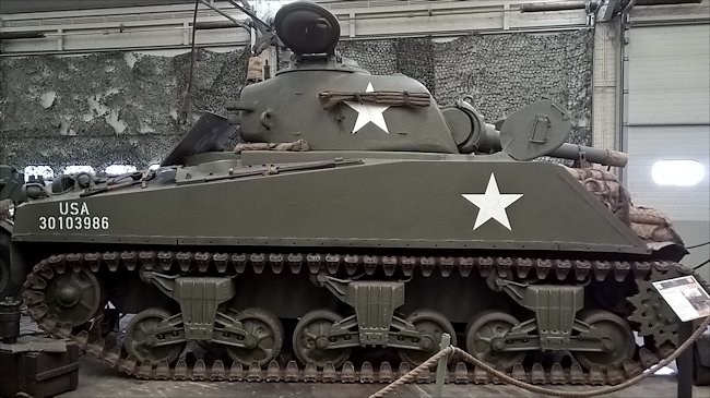 Side view of a WW2 M4A3(105) Sherman Tank 105mm Assault Gun