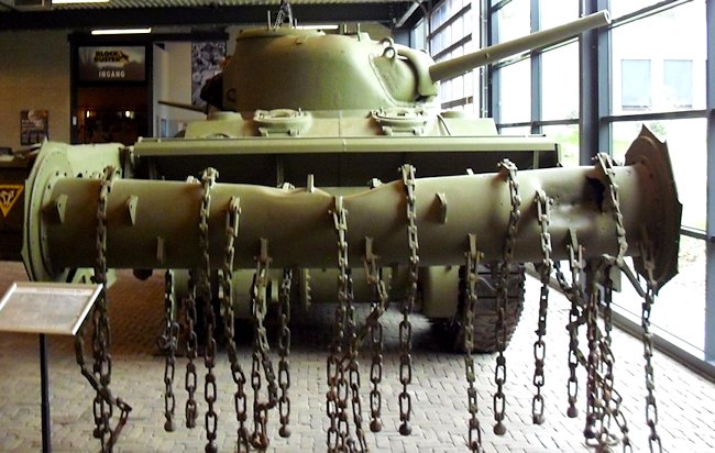 Preserved Sherman Crab Flail Mine Clearing Tank at the National War and Resistance Museum, Overloon, Netherlands
