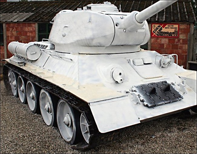 Surviving T34/85 Russian Soviet WW2 Medium Tank on display as a gate guard at the Eden Camp, North Yorkshire 