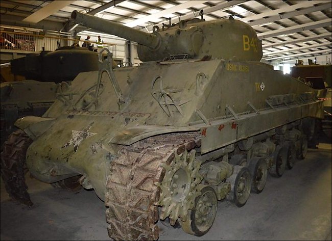 Surviving USMC M4 105mm Sherman awaiting restoration at The Tank Museum, Bovington, England