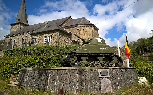 Surviving Belgium 1944 Battle of the Bulge M4A3 Sherman Tank in the small village of Wilbrin